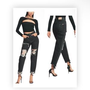 Retrofete Maggie Distressed Straightleg 26 Denim Jean in Onyx Jet Black $413 NWT